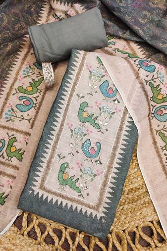 grey digital print linen cotton unstitched dress material 
