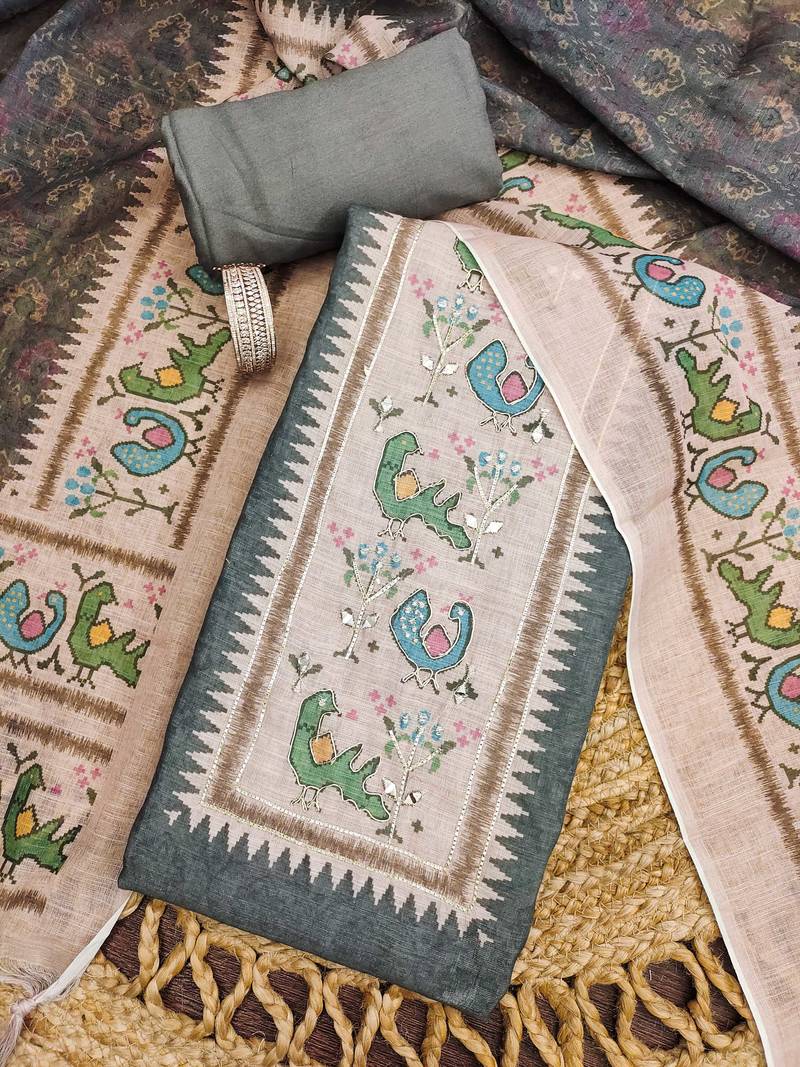 grey digital print linen cotton unstitched dress material 