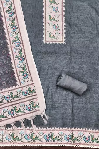 grey digital print linen cotton unstitched dress material 