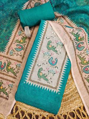 aqua teal digital print linen cotton unstitched dress material  1