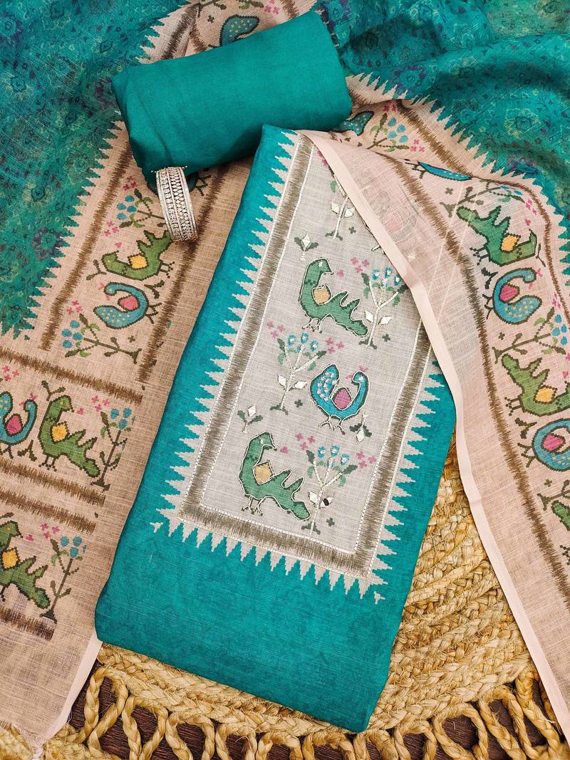 aqua teal digital print linen cotton unstitched dress material 