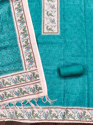 aqua teal digital print linen cotton unstitched dress material  2
