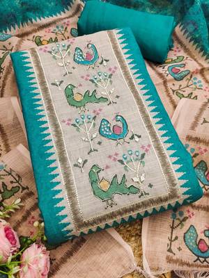 aqua teal digital print linen cotton unstitched dress material  3
