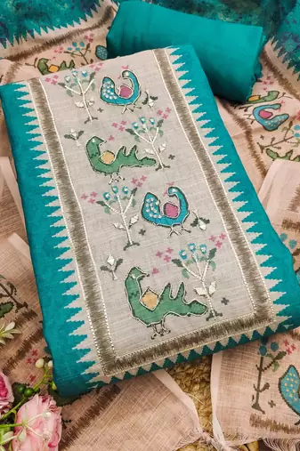 aqua teal digital print linen cotton unstitched dress material 
