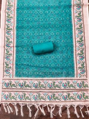 aqua teal digital print linen cotton unstitched dress material  4
