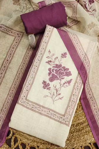 purple floral print linen cotton unstitched dress material 