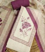 purple floral print linen cotton unstitched dress material 