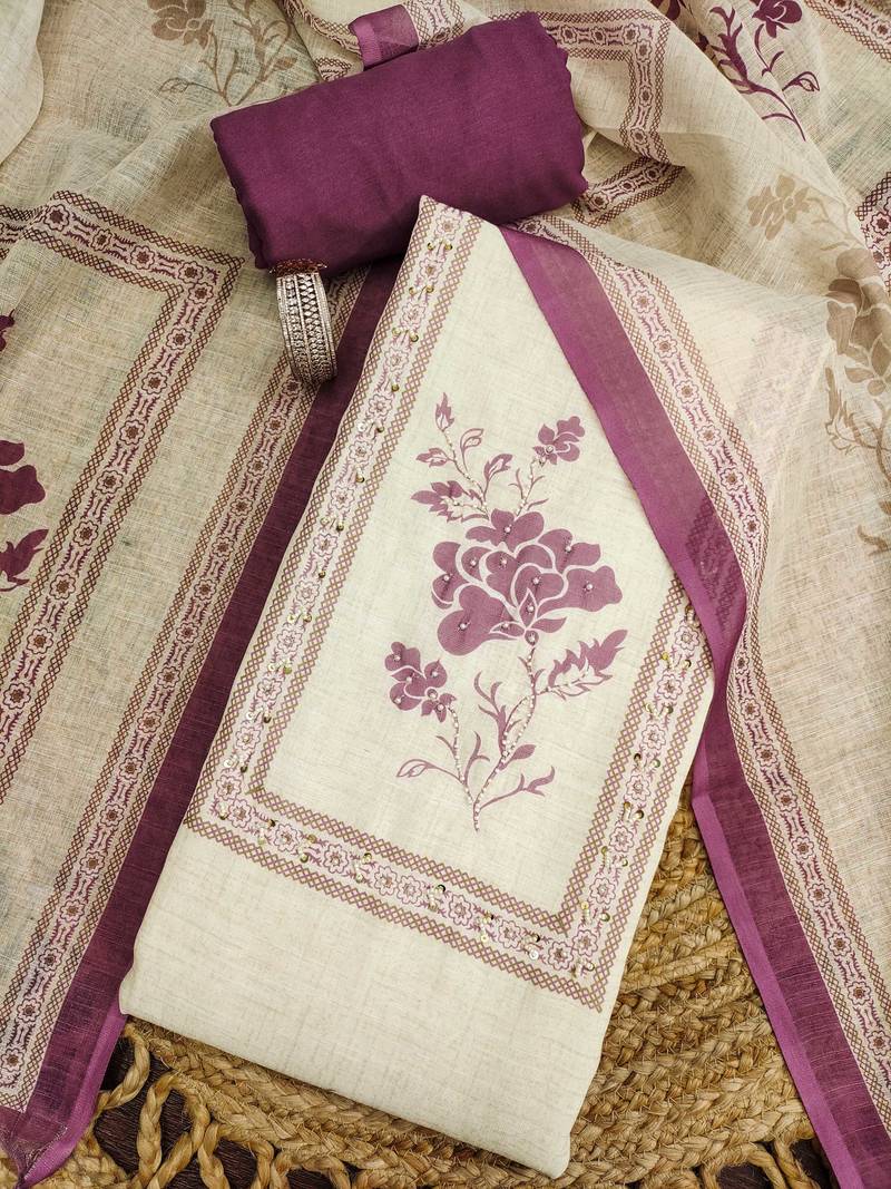 purple floral print linen cotton unstitched dress material 