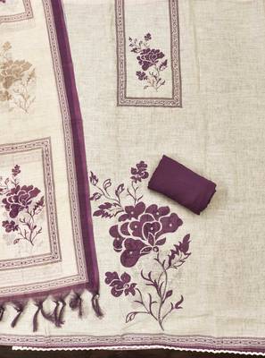 purple floral print linen cotton unstitched dress material  2