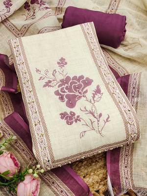 purple floral print linen cotton unstitched dress material  3