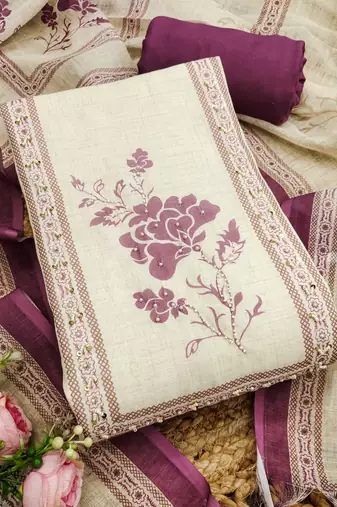 purple floral print linen cotton unstitched dress material 