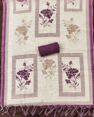 purple floral print linen cotton unstitched dress material  4