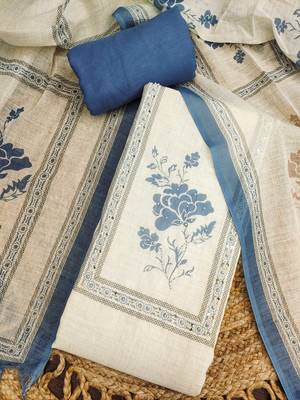 blue floral print linen cotton unstitched dress material  1