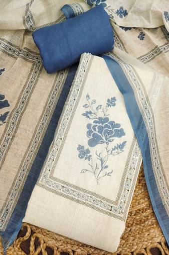 blue floral print linen cotton unstitched dress material 