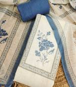blue floral print linen cotton unstitched dress material 