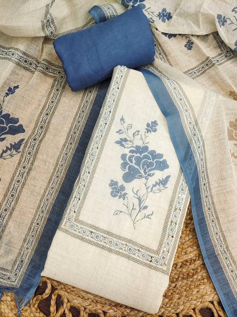 blue floral print linen cotton unstitched dress material 