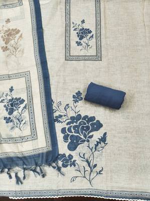 blue floral print linen cotton unstitched dress material  2