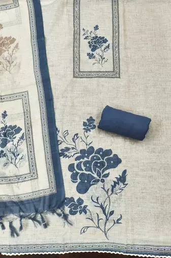 blue floral print linen cotton unstitched dress material 