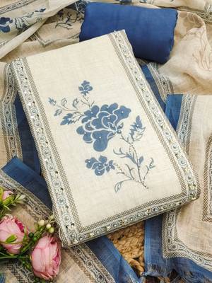 blue floral print linen cotton unstitched dress material  3