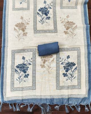 blue floral print linen cotton unstitched dress material  4