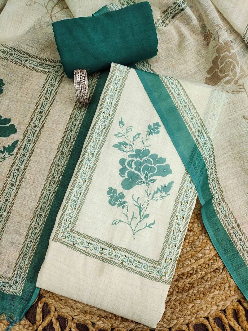 bottle green floral print linen cotton unstitched dress material 