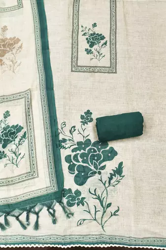 bottle green floral print linen cotton unstitched dress material 