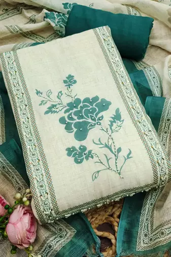 bottle green floral print linen cotton unstitched dress material 