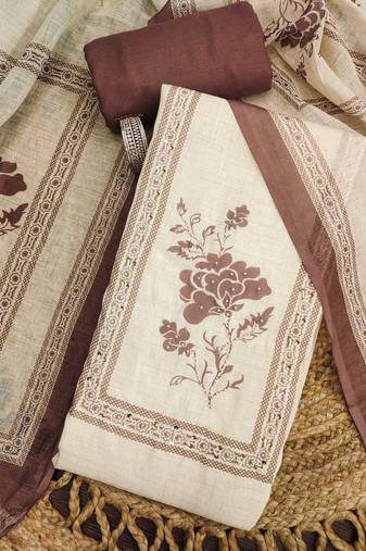 coffee brown floral print linen cotton unstitched dress material 