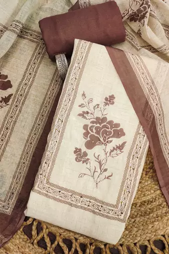 coffee brown floral print linen cotton unstitched dress material 