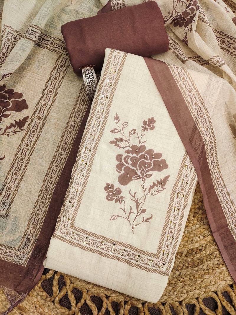 coffee brown floral print linen cotton unstitched dress material 