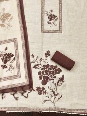 coffee brown floral print linen cotton unstitched dress material  2