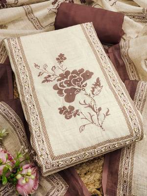 coffee brown floral print linen cotton unstitched dress material  3