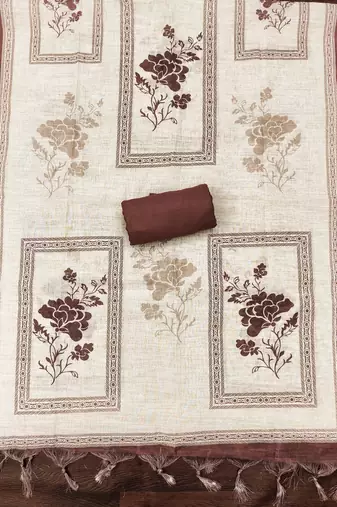 coffee brown floral print linen cotton unstitched dress material 