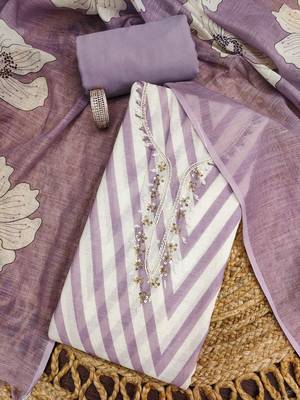 purple floral print linen cotton unstitched dress material  1