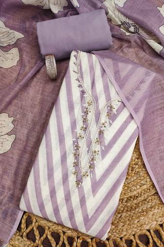 purple floral print linen cotton unstitched dress material 