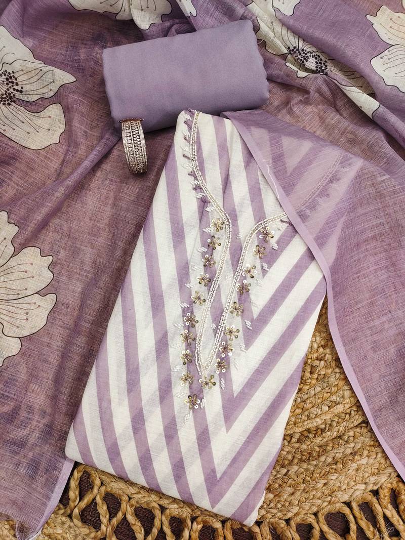 purple floral print linen cotton unstitched dress material 