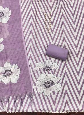 purple floral print linen cotton unstitched dress material  2