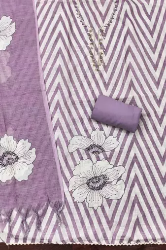 purple floral print linen cotton unstitched dress material 