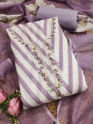 purple floral print linen cotton unstitched dress material  3