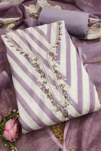 purple floral print linen cotton unstitched dress material 