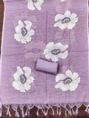 purple floral print linen cotton unstitched dress material  4