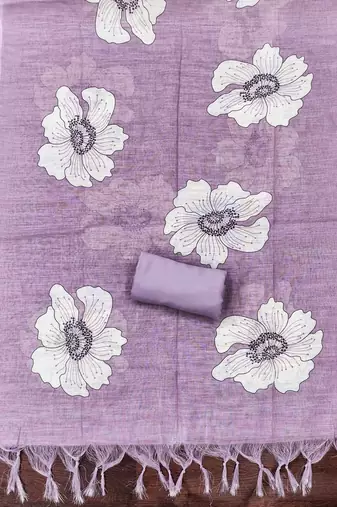 purple floral print linen cotton unstitched dress material 