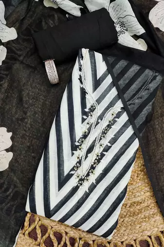 black floral print linen cotton unstitched dress material 