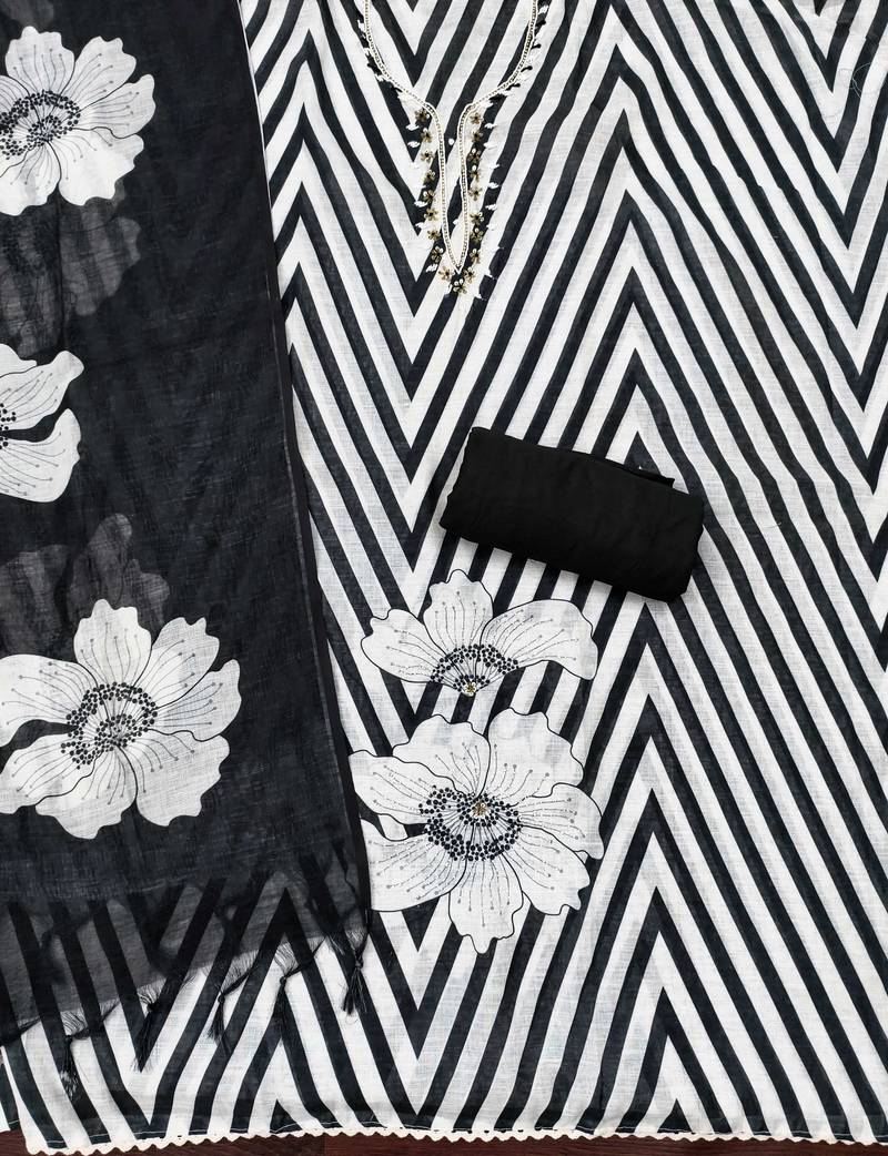black floral print linen cotton unstitched dress material 