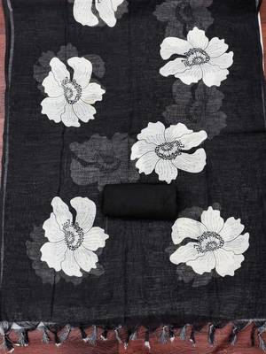 black floral print linen cotton unstitched dress material  4