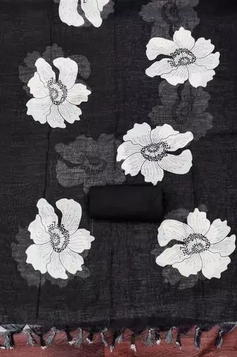 black floral print linen cotton unstitched dress material 