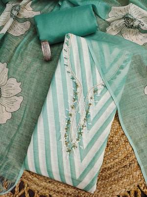 green floral print linen cotton unstitched dress material  1