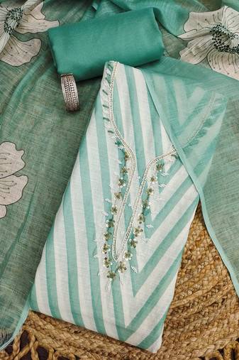 green floral print linen cotton unstitched dress material 