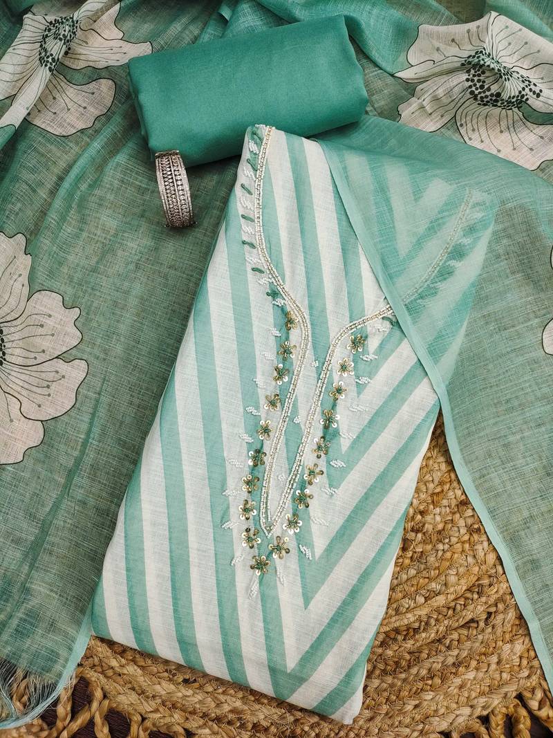 green floral print linen cotton unstitched dress material 
