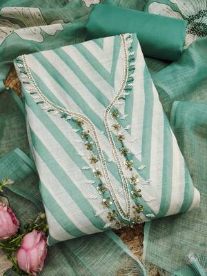 green floral print linen cotton unstitched dress material  3